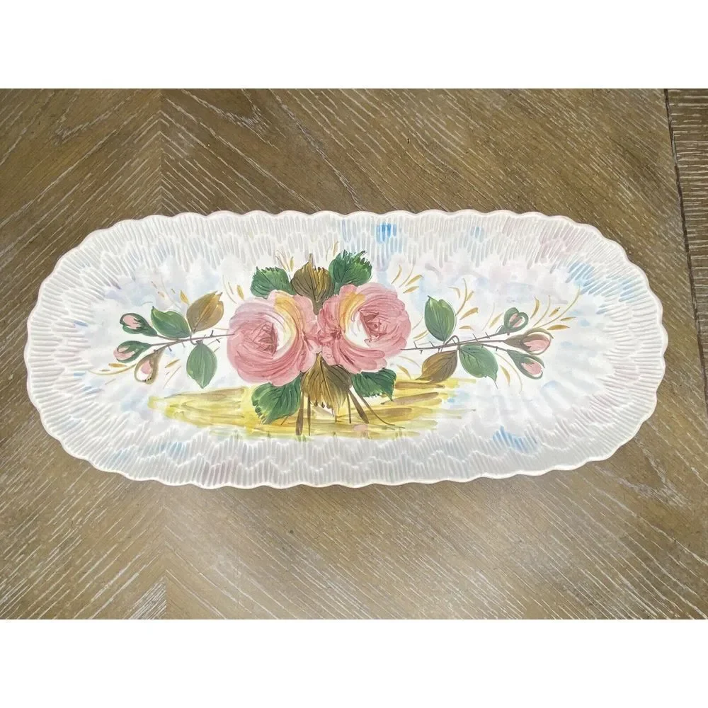Vintage Italy Rose Painted Tray Ceramic Serving Dish Oblong Textured Cottagecore